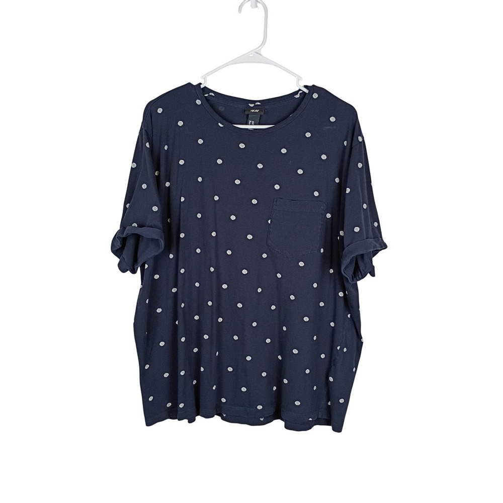 HM Womens XXL Navy Blue Feather Polka Dot Pocket T-Shirt Rolled Sleeve